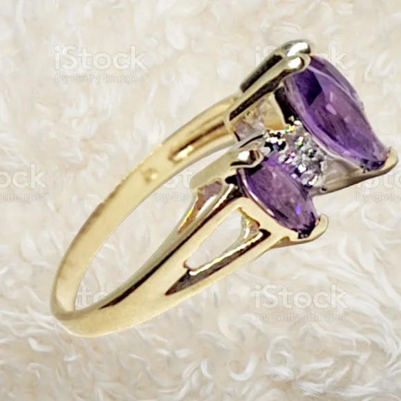 Solid 14k Gold Ring with Marquis Cut Amethyst Gemstones and Round Cut Diamonds - Picture 5 of 7